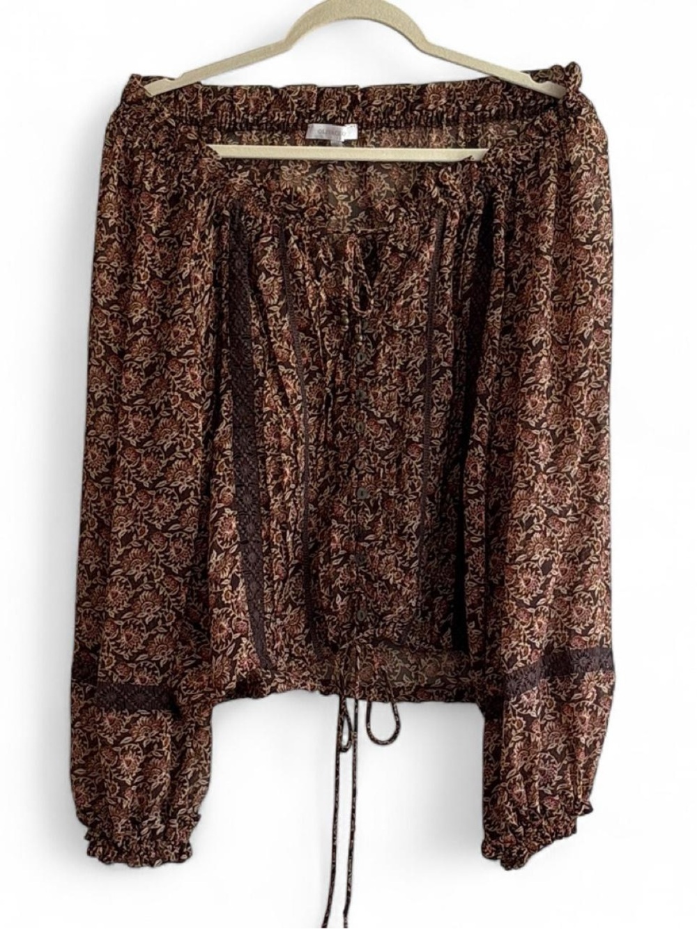 Olivaceous Brown Patterned Off Shoulder Long Sleeve Peasant Blouse Size M